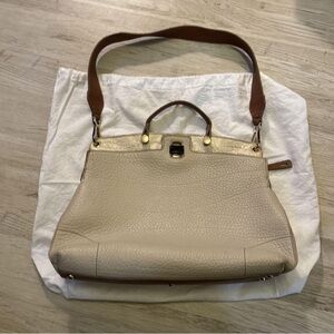 Beige Pebbled Leather Tote Bag with Brown Strap